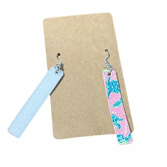 Sea Turtles Bar Dangle Drop‎ Earrings Pink Teal - Picture 3 of 5